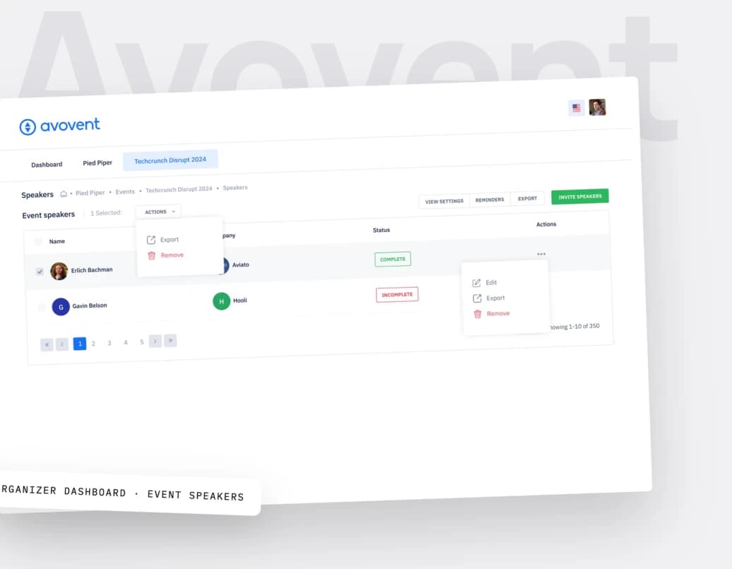 Avovent’s organizer dashboard and speaker management interface.